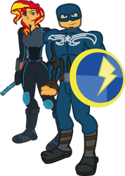 Size: 568x800 | Tagged: safe, artist:dreamchallenger, flash sentry, sunset shimmer, pony, black widow (marvel), captain america, clothes, cosplay, costume, female, flashimmer, male, marvel, marvel comics, shipping, straight