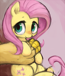 Size: 470x546 | Tagged: safe, artist:kei05, discord, fluttershy, draconequus, pegasus, pony, blushing, cute, holding a pony, offscreen character, shyabetes