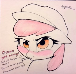 Size: 1829x1796 | Tagged: safe, artist:captainpudgemuffin, apple bloom, friendship is witchcraft, adorabloom, blushing, cigarette, cute, lineart, sketch, solo, traditional art, vulgar