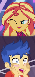 Size: 668x1452 | Tagged: safe, edit, flash sentry, sunset shimmer, better together, equestria girls, spring breakdown, female, flashimmer, male, reaction, shipping, starry eyes, straight, wingding eyes