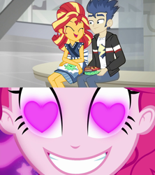 Size: 1920x2160 | Tagged: safe, edit, flash sentry, pinkie pie, sunset shimmer, coinky-dink world, eqg summertime shorts, equestria girls, good vibes, female, flashimmer, heart eyes, male, meme, pinkie the shipper, pinkie's eyes, shipping, straight, sunset sushi, wingding eyes