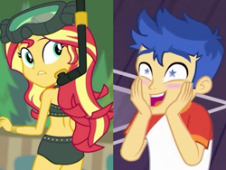 Size: 1360x1024 | Tagged: safe, edit, screencap, flash sentry, sunset shimmer, better together, equestria girls, spring breakdown, unsolved selfie mysteries, ass, bunset shimmer, butt, female, flashimmer, male, reaction, shipping, starry eyes, straight, wingding eyes