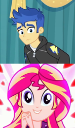 Size: 536x908 | Tagged: safe, edit, flash sentry, sunset shimmer, best in show: the pre-show, better together, eqg summertime shorts, equestria girls, pet project, female, flashimmer, male, shimmering the gecko, shipping, straight