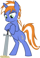 Size: 1174x1698 | Tagged: safe, artist:outlawedtofu, oc, oc only, oc:alloy shaper, pony, unicorn, fallout equestria, fallout equestria: wasteland economics, bipedal, braid, leaning, simple background, solo, sword, transparent background, vector