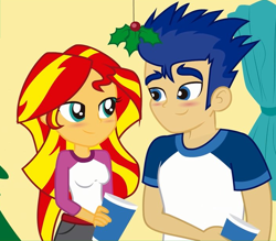 Size: 710x622 | Tagged: safe, artist:conikiblasu-fan, edit, flash sentry, sunset shimmer, equestria girls, cropped, female, flashimmer, holly, holly mistaken for mistletoe, male, shipping, straight