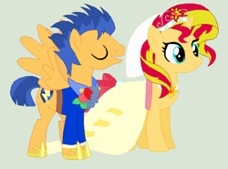 Size: 647x480 | Tagged: safe, artist:cheerful9, flash sentry, sunset shimmer, pony, clothes, dress, female, flashimmer, male, shipping, straight, wedding dress