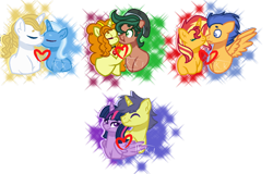 Size: 1076x688 | Tagged: safe, artist:kurosawakuro, adagio dazzle, comet tail, flash sentry, prince blueblood, sunset shimmer, timber spruce, trixie, twilight sparkle, twilight sparkle (alicorn), alicorn, bluetrix, cometlight, female, flashimmer, male, shipping, simple background, straight, timberdazzle, transparent background