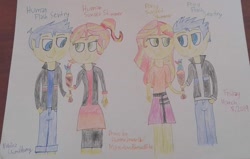 Size: 1585x1008 | Tagged: safe, artist:theolena, flash sentry, sunset shimmer, better together, equestria girls, double date, female, flashimmer, male, self paradox, shipping, straight, traditional art