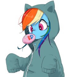 Size: 1000x1000 | Tagged: safe, artist:y0wai, rainbow dash, pegasus, pony, bubblegum, cat hoodie, clothes, cute, gum, hoodie, parka, pixiv, simple background, solo, white background