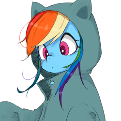 Size: 1000x1000 | Tagged: safe, artist:y0wai, rainbow dash, pegasus, pony, cat hoodie, clothes, cute, female, hoodie, mare, parka, pixiv, simple background, solo, white background