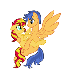 Size: 1089x1273 | Tagged: safe, artist:neighsay, flash sentry, sunset shimmer, pegasus, pony, unicorn, cute, diasentres, female, flashimmer, floppy ears, looking at each other, male, mare, missing cutie mark, shimmerbetes, shipping, show accurate, spread wings, stallion, straight, wings