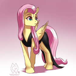 Size: 2000x2000 | Tagged: safe, artist:mykegreywolf, fluttershy, pegasus, pony, scare master, black dress, clothes, costume, dress, female, gradient background, little black dress, mare, nightmare night costume, solo, that was fast