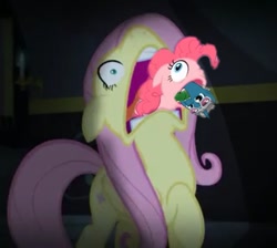 Size: 602x540 | Tagged: safe, screencap, fluttershy, pinkie pie, earth pony, pegasus, pony, scare master, faic, fashion plate, fashion reaction, flutterscream, hoopla pie, meme, needs more jpeg, this isn't even my final form, we need to go deeper, what has science done