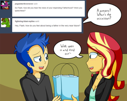 Size: 1000x800 | Tagged: safe, artist:jake heritagu, flash sentry, sunset shimmer, comic:ask motherly scootaloo, comic:ask motherly sunset shimmer, equestria girls, ask, female, flashimmer, male, shipping, sofa, straight, tumblr