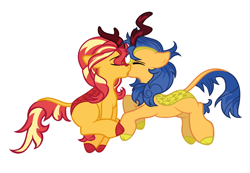 Size: 1861x1285 | Tagged: safe, artist:neighsay, flash sentry, sunset shimmer, kirin, sounds of silence, cloven hooves, colored hooves, female, flashimmer, kirin-ified, kissing, male, shipping, simple background, species swap, straight, white background