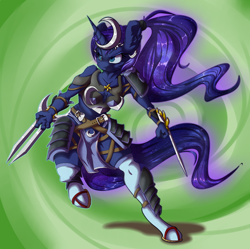 Size: 1600x1591 | Tagged: safe, artist:vicse, princess luna, anthro, unguligrade anthro, alternate hairstyle, armor, armpits, assassin, badass, belts, blade below the shoulder, blades, clothes, ear fluff, frown, hairband, loincloth, sandals, socks, solo, straps, weapon