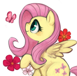 Size: 560x546 | Tagged: safe, artist:kei05, fluttershy, butterfly, pegasus, pony, female, flower, mare, raised hoof, simple background, smiling, solo