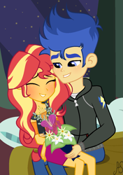 Size: 893x1270 | Tagged: safe, artist:sparkling-sunset-s08, flash sentry, sunset shimmer, better together, equestria girls, bed, female, flashimmer, flower, male, pillow, romantic, shipping, sitting on lap, straight