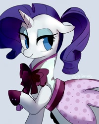 Size: 1200x1500 | Tagged: safe, artist:rocy canvas, rarity, pony, unicorn, rarity investigates, alternate hairstyle, clothes, cute, dress, female, floppy ears, gray background, lidded eyes, looking back, mare, outfit, ponytail, raised hoof, raribetes, shoes, simple background, solo