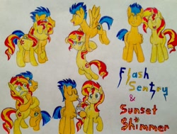 Size: 1029x776 | Tagged: safe, artist:bravokrofski, flash sentry, sunset shimmer, pegasus, pony, unicorn, female, flashimmer, male, shipping, straight, traditional art