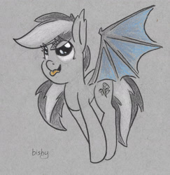 Size: 3000x3084 | Tagged: safe, artist:flowbish, oc, oc only, oc:daturea eventide, bat pony, pony, jumping, solo, tongue out, traditional art