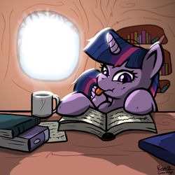 Size: 2304x2304 | Tagged: safe, artist:corsairsedge, twilight sparkle, twilight sparkle (alicorn), alicorn, pony, book, coffee, cup, female, grumpy twilight, mare, reading, scrunchy face, solo, tongue out