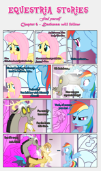 Size: 1919x3245 | Tagged: safe, artist:estories, discord, fluttershy, rainbow dash, oc, oc:alice goldenfeather, pegasus, pony, comic:find yourself, comic, holding a pony