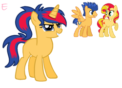 Size: 1002x720 | Tagged: safe, artist:estefania200, flash sentry, sunset shimmer, oc, pony, female, flashimmer, male, offspring, parent:flash sentry, parent:sunset shimmer, parents:flashimmer, shipping, straight, unnamed oc