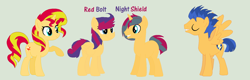 Size: 1024x326 | Tagged: safe, artist:aquadusk, flash sentry, sunset shimmer, oc, oc:night shield, oc:red bolt, pony, female, flashimmer, male, offspring, parent:flash sentry, parent:sunset shimmer, parents:flashimmer, shipping, straight