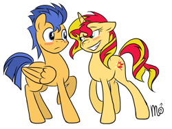 Size: 1024x768 | Tagged: safe, artist:siekit442, flash sentry, sunset shimmer, pegasus, pony, unicorn, blushing, female, flashimmer, male, shipping, smiling, straight