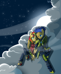 Size: 1500x1800 | Tagged: safe, artist:xonitum, flash sentry, sunset shimmer, anthro, human, unguligrade anthro, ambiguous facial structure, armor, bracelet, cloud, cute, female, flashimmer, holding hands, humanized, jewelry, male, moon, night, ring, sandals, shipping, sitting, sky, smiling, straight, wink