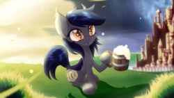 Size: 3840x2160 | Tagged: safe, artist:an-m, oc, oc only, oc:echo, bat pony, pony, castle, day, mug, night, solo