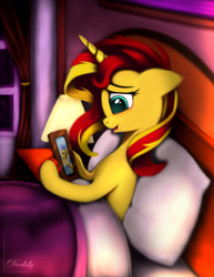Size: 3250x4200 | Tagged: safe, artist:darksly, flash sentry, sunset shimmer, pony, unicorn, bed, blanket, bust, crying, curtains, female, flashimmer, floppy ears, implied pregnancy, lamp, male, mare, open mouth, picture, picture frame, pillow, portrait, shipping, signature, solo, straight, teary eyes, window