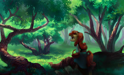 Size: 3071x1861 | Tagged: safe, artist:holivi, carrot top, golden harvest, anthro, earth pony, pony, bipedal, clothes, dress, female, forest, grass, hoof hold, mare, scenery, smiling, solo, tree