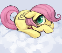 Size: 642x550 | Tagged: safe, artist:kei05, fluttershy, pegasus, pony, cloud, cloudy, cute, female, filly, prone, shyabetes, solo, younger