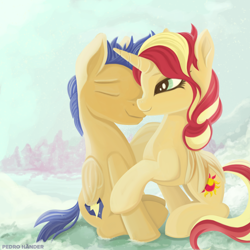 Size: 1450x1450 | Tagged: safe, artist:pedrohander, flash sentry, sunset shimmer, pegasus, pony, unicorn, cute, female, flashimmer, male, shipping, straight