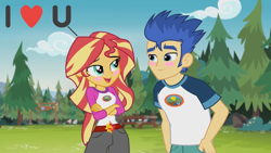 Size: 1280x720 | Tagged: safe, edit, edited screencap, screencap, flash sentry, sunset shimmer, equestria girls, legend of everfree, female, flashimmer, i love you, male, shipping, straight