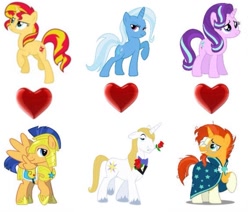 Size: 1355x1149 | Tagged: safe, editor:jdueler11, flash sentry, prince blueblood, starlight glimmer, sunburst, sunset shimmer, trixie, pony, bluetrix, female, flashimmer, magical trio, male, shipping, starburst, straight