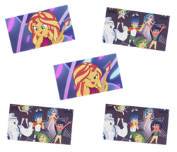 Size: 1067x922 | Tagged: safe, screencap, bulk biceps, desert sage, drama letter, flash sentry, mile hill, sandalwood, sunset shimmer, technicolor waves, watermelody, equestria girls, equestria girls series, spring breakdown, spoiler:eqg series (season 2), :o, background human, blushing, clothes, converse, cute, diasentres, doodle bug, female, flashimmer, implied flashimmer, implied shipping, implied straight, male, one eye closed, open mouth, photo, shipping, shipping fuel, shoes, simple background, sleeveless, starry eyes, straight, swimsuit, transparent background, waldo whereabout, wingding eyes, wink