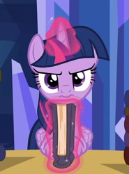 Size: 683x924 | Tagged: safe, screencap, twilight sparkle, twilight sparkle (alicorn), alicorn, pony, made in manehattan, 3:, book, cropped, female, frown, glare, grumpy twilight, looking at you, magic, mare, solo, telekinesis