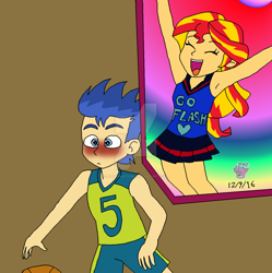 Size: 1024x1027 | Tagged: safe, artist:resotii, flash sentry, sunset shimmer, equestria girls, armpits, blushing, cheerleader, female, flashimmer, male, shipping, straight