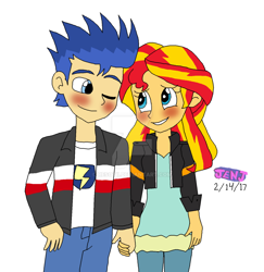 Size: 1024x1055 | Tagged: safe, artist:resotii, flash sentry, sunset shimmer, equestria girls, blushing, female, flashimmer, holding hands, male, shipping, straight