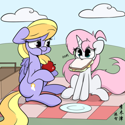 Size: 1280x1280 | Tagged: safe, artist:lightningnickel, cloud kicker, oc, oc:cotton candy, pegasus, pony, unicorn, apple, background pony, cute, duo, eating, female, hoof hold, mare, mouth hold, nom, picnic, picnic blanket, plate, sandwich