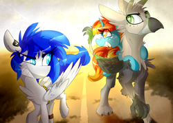 Size: 2800x2000 | Tagged: safe, artist:nekosnicker, oc, oc only, oc:ralek, oc:sapphire sights, oc:swift note, griffon, pegasus, pony, fallout equestria, belt, bucktooth, diaries of a sniperpony, freckles, paws, piercing, ponies riding ponies, sunset, talons, wasteland