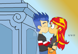 Size: 1024x715 | Tagged: safe, artist:resotii, flash sentry, sunset shimmer, equestria girls, female, flashimmer, kissing, male, shipping, straight