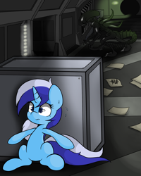 Size: 1280x1600 | Tagged: safe, artist:lightningnickel, minuette, alien, alien (franchise), alien: isolation, hiding, plewds, sweat, video game, xenomorph