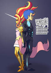 Size: 1207x1749 | Tagged: safe, artist:oldskullkid, flash sentry, sunset shimmer, equestria girls, armor, back to back, commission, dark samus, daydream shimmer, fanfic art, female, flashimmer, hand, holding hands, male, metroid, metroid prime, phazon, shipping, straight