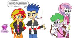 Size: 1024x534 | Tagged: safe, artist:resotii, flash sentry, spike, sunset shimmer, sweetie belle, equestria girls, equestria girls-ified, female, flashimmer, human spike, male, shipping, spikebelle, straight