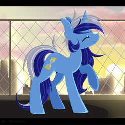 Size: 1024x1024 | Tagged: safe, artist:ten-dril, minuette, pony, unicorn, :t, cute, eyes closed, female, fence, mare, minubetes, nose wrinkle, raised hoof, smiling, solo, sunrise