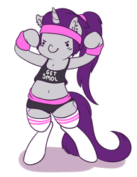 Size: 1280x1660 | Tagged: safe, artist:wickedsilly, oc, oc only, oc:wicked silly, pony, unicorn, belly button, bipedal, clothes, ear piercing, midriff, piercing, shorts, solo, tanktop, workout outfit
